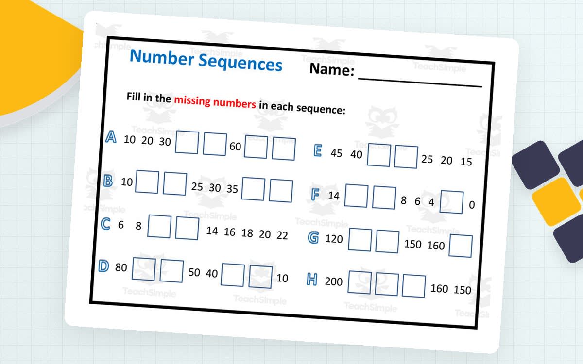 An educational teaching resource from Elementary Resources 4 U entitled Number Sequences Worksheet downloadable at Teach Simple.