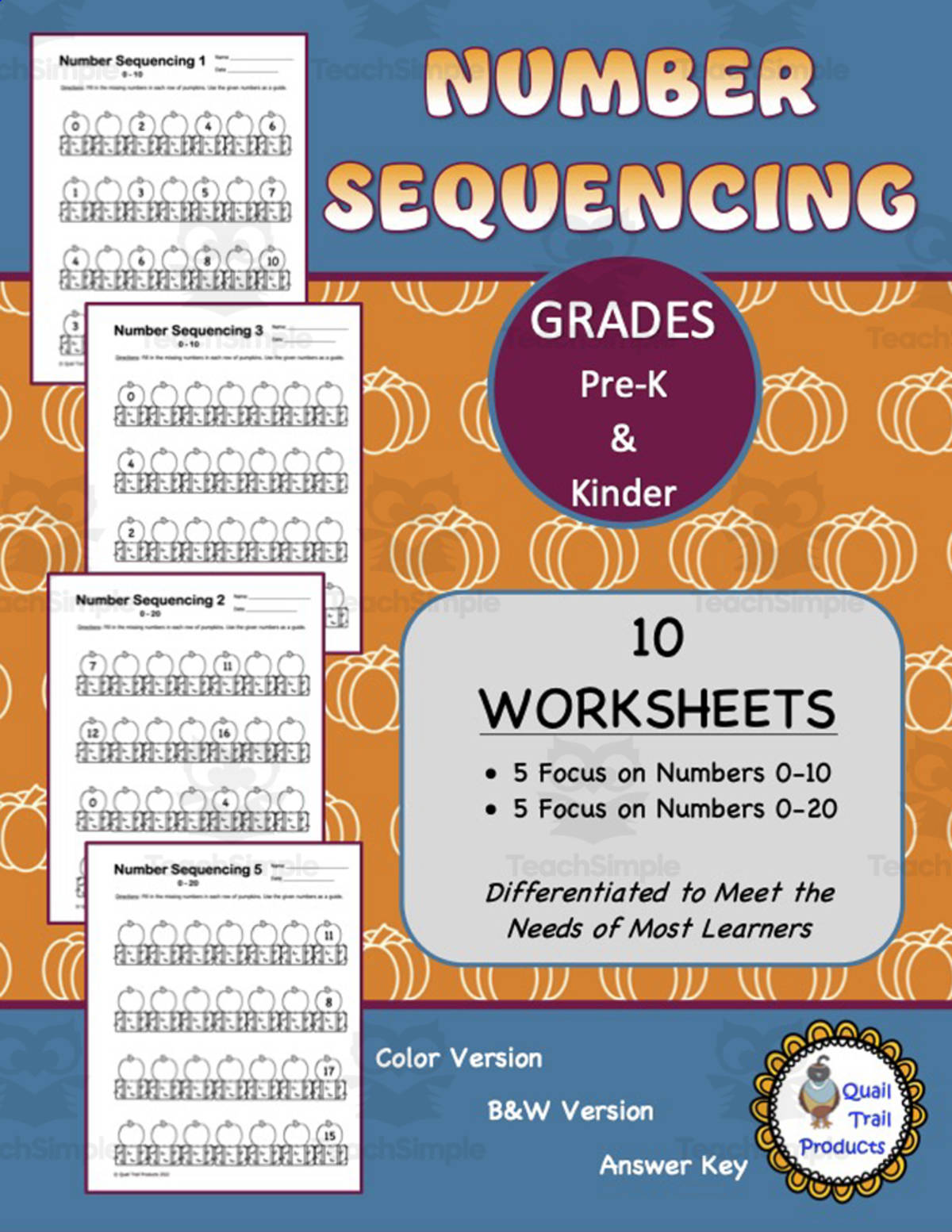 An educational teaching resource from Quail Trail Products entitled Number Sequencing Worksheets - Pumpkin Theme downloadable at Teach Simple.
