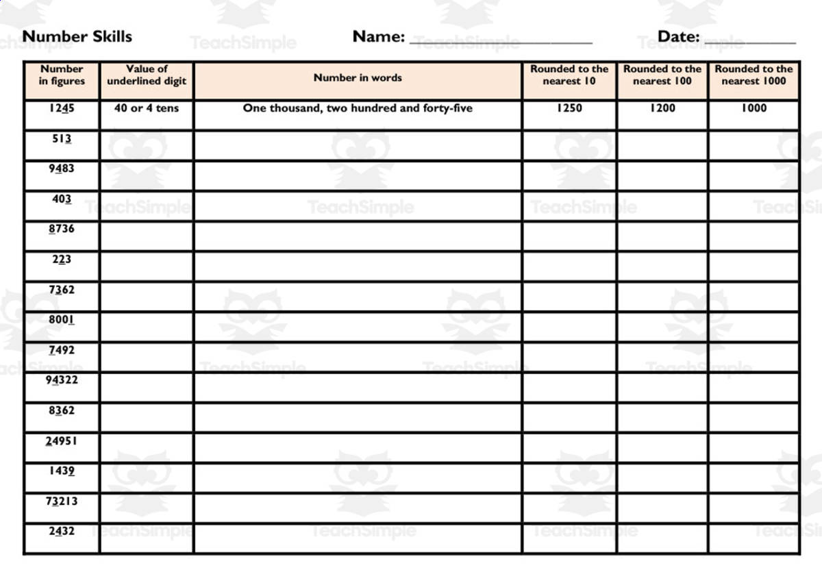 An educational teaching resource from Elementary Resources 4 U entitled Number Skills Worksheet downloadable at Teach Simple.
