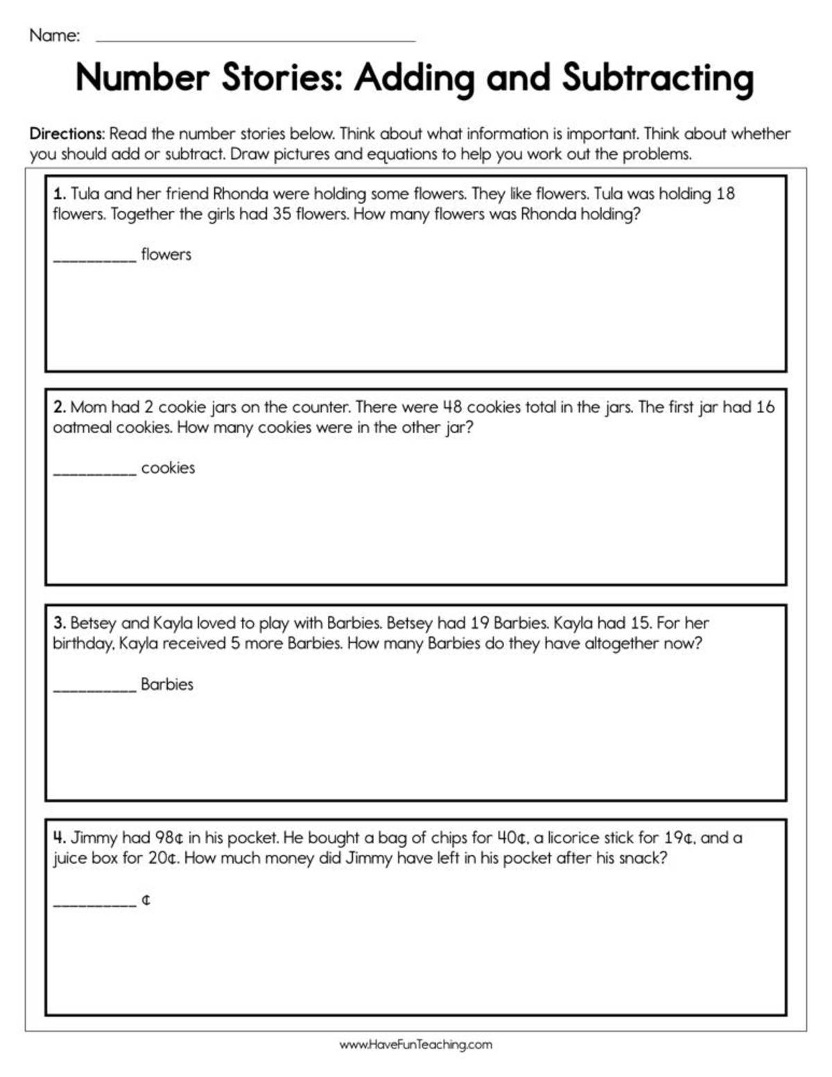 An educational teaching resource from Have Fun Teaching entitled Number Stories Adding and Subtracting Worksheet downloadable at Teach Simple.