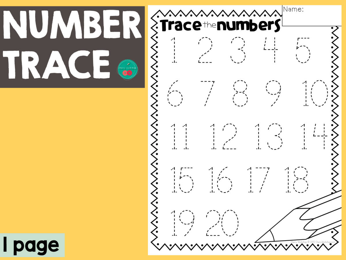 An educational teaching resource from Cherry Workshop entitled Number Trace 1-20 downloadable at Teach Simple.
