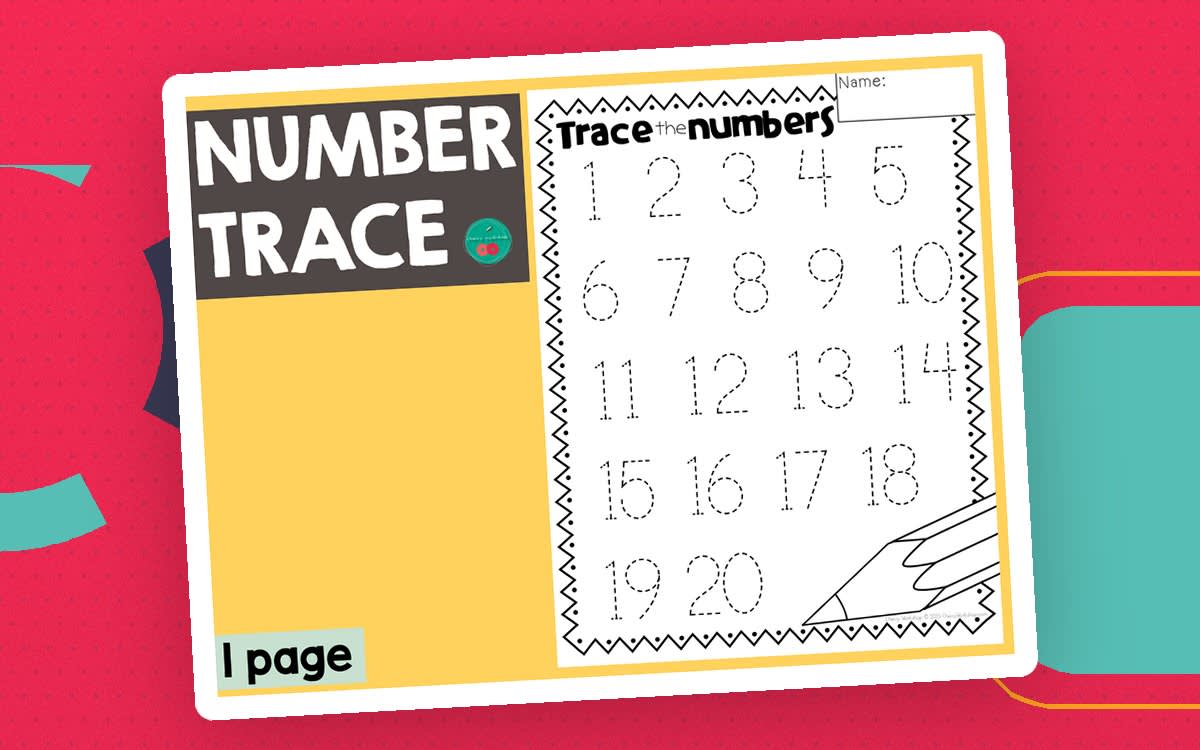 An educational teaching resource from Cherry Workshop entitled Number Trace 1–20 – Handwriting Practice Sheet downloadable at Teach Simple.