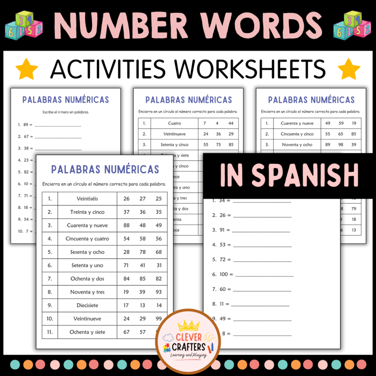 An educational teaching resource from Clever Crafters entitled Number Words 1 to 100 Worksheets in Spanish downloadable at Teach Simple.