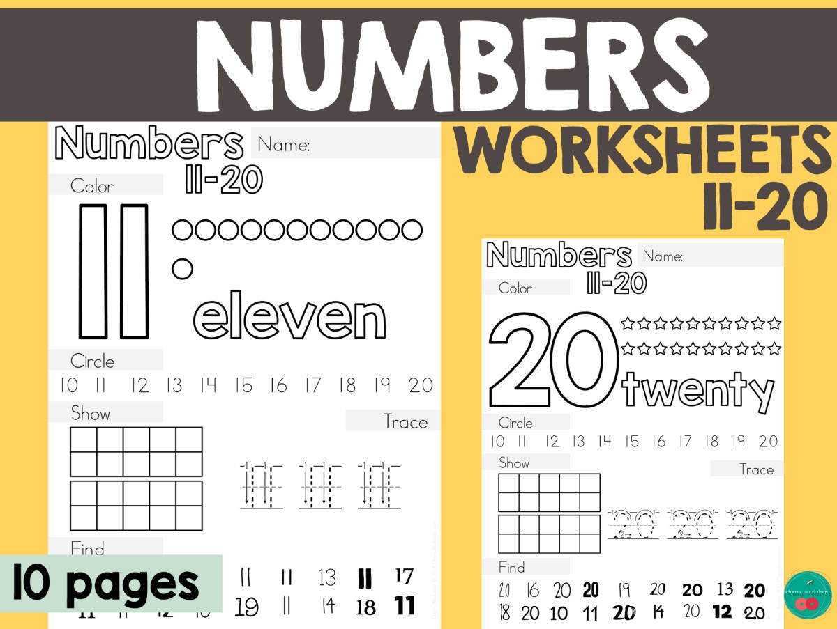 An educational teaching resource from Cherry Workshop entitled Number Worksheets 11-20 – Recognition & Writing downloadable at Teach Simple.