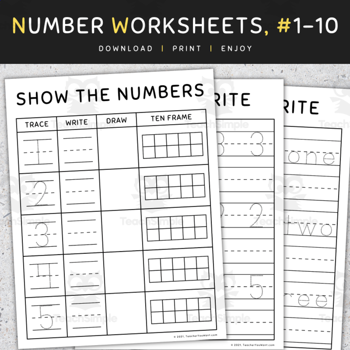 An educational teaching resource from TeacherYouWant entitled Numbers 1-10: Math Worksheets & Activities, Trace Write Draw Ten Frames, NO PREP downloadable at Teach Simple.
