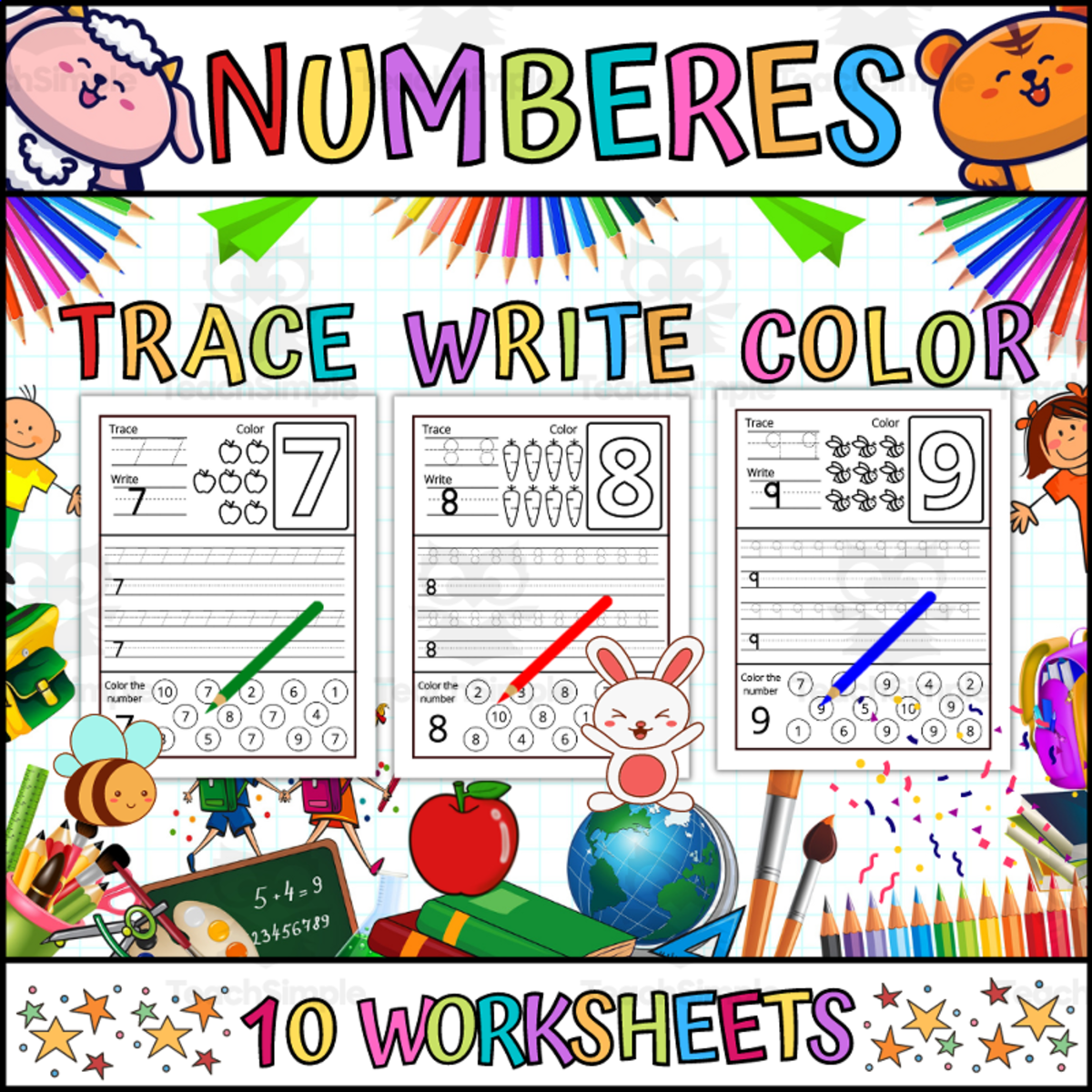 An educational teaching resource from 1 Teaches 2 Learn entitled Numbers 1-10 Practice Pages (Trace, Write, Color & Find) downloadable at Teach Simple.