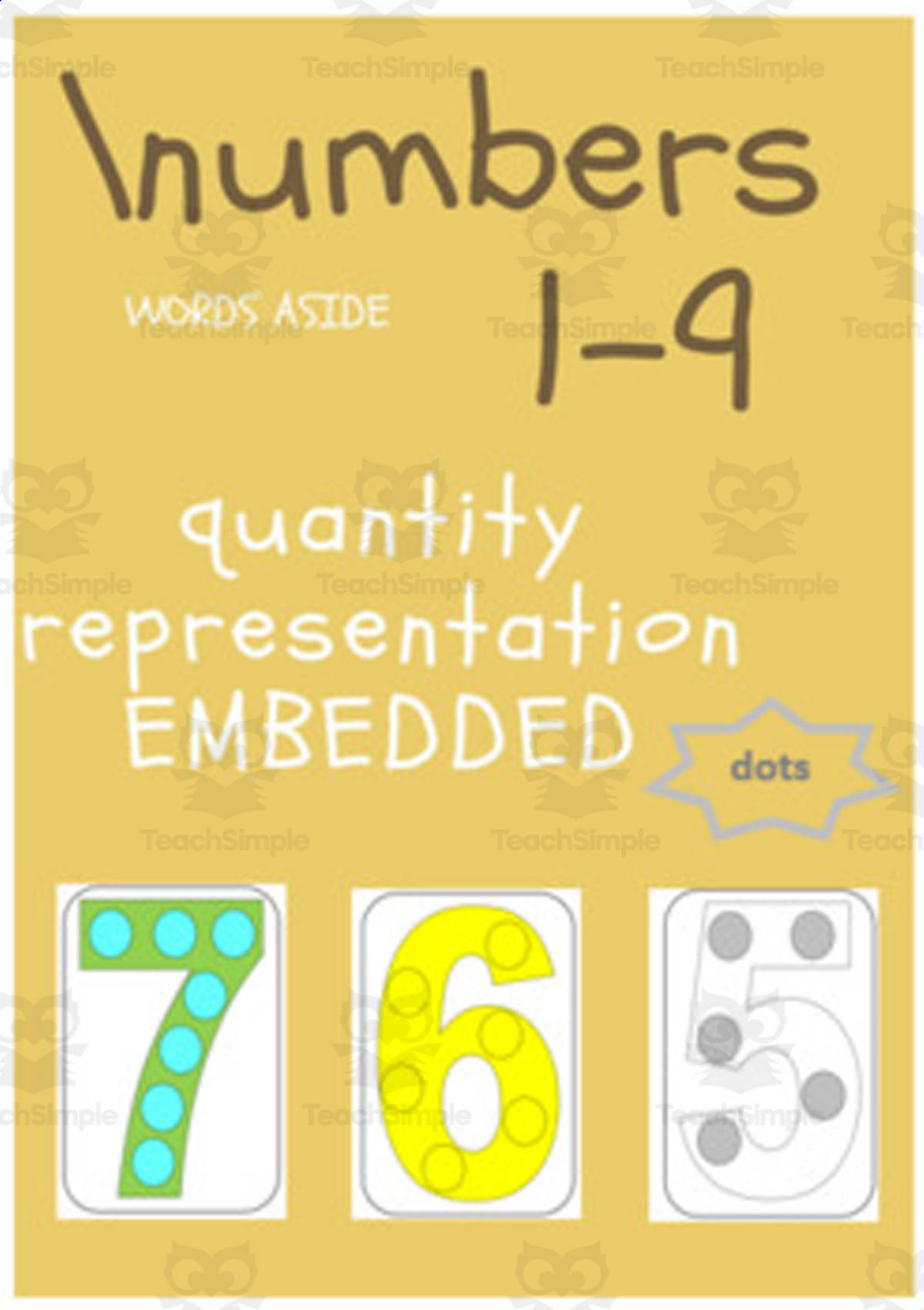 An educational teaching resource from WORDS ASIDE entitled numbers 1-9 POSTER CARDS | symbol-dots quantity representation G downloadable at Teach Simple.