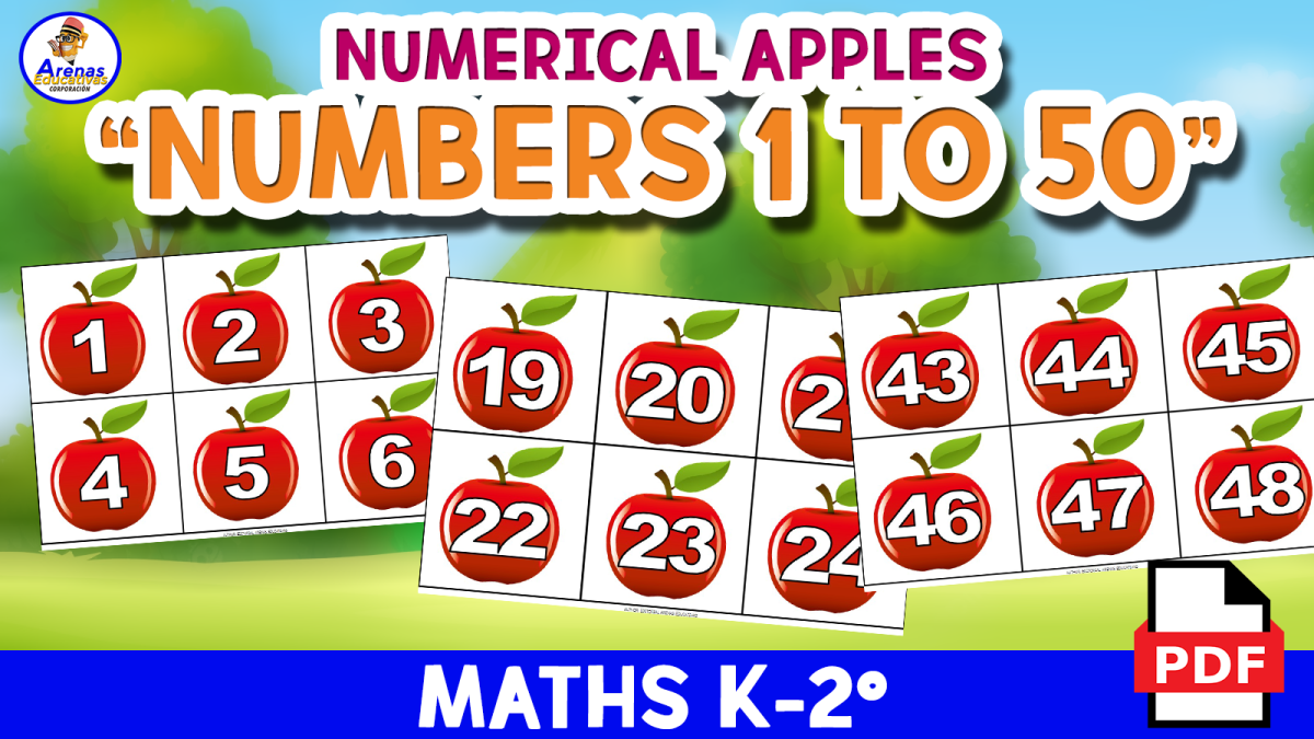 An educational teaching resource from EDITORIAL LAURA EDUCA entitled NUMBERS 1 TO 50 - CUT OUT RESOURCE - Numerical Apples downloadable at Teach Simple.