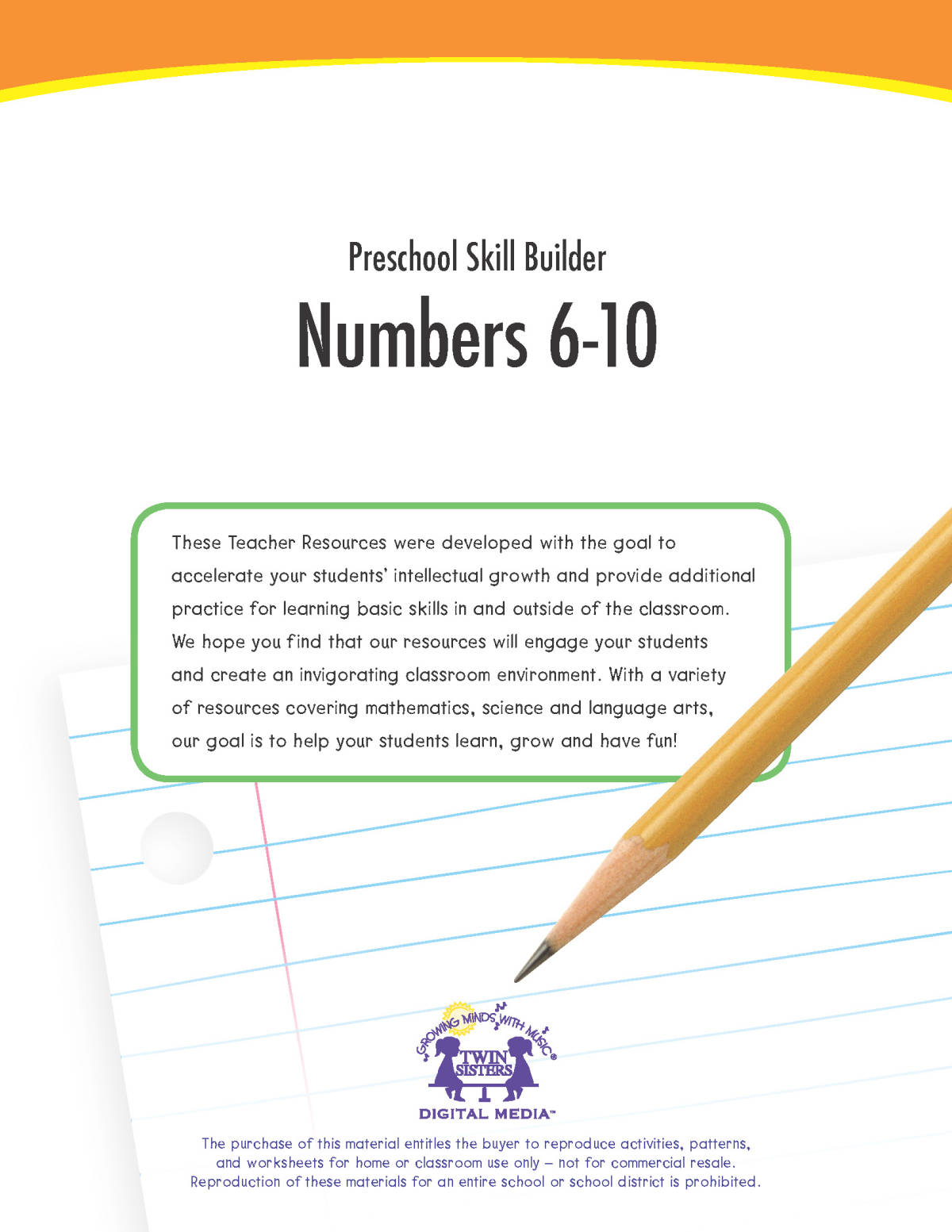 An educational teaching resource from Twin Sisters Digital Media entitled Numbers 6-10 Printable Workbook: Preschool Skill Builder downloadable at Teach Simple.