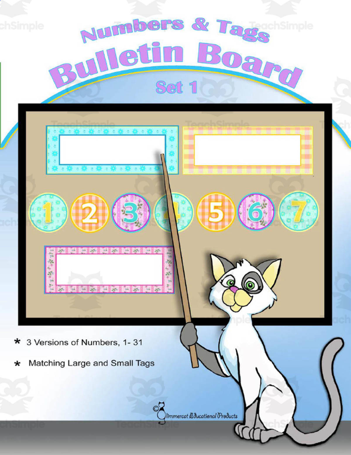 An educational teaching resource from Glimmercat Education entitled Numbers & Tags Bulletin Board - Set 1 downloadable at Teach Simple.