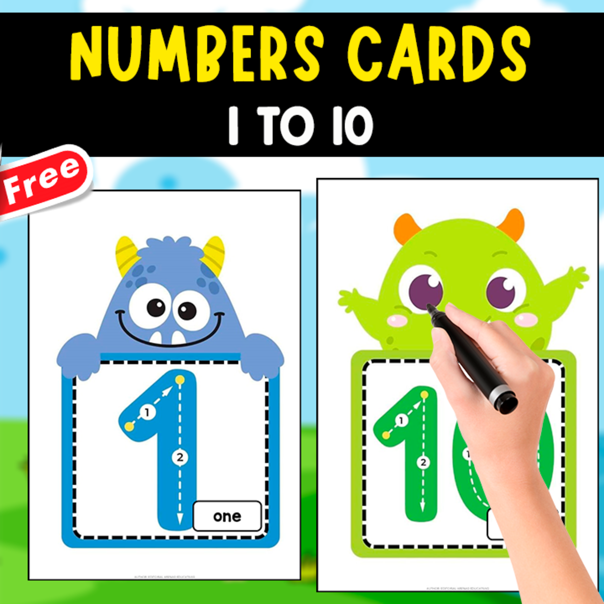 An educational teaching resource from EDITORIAL LAURA EDUCA entitled NUMBERS FLASHCARDS 1 - 10 | MONSTERS THEMED +TRACING downloadable at Teach Simple.