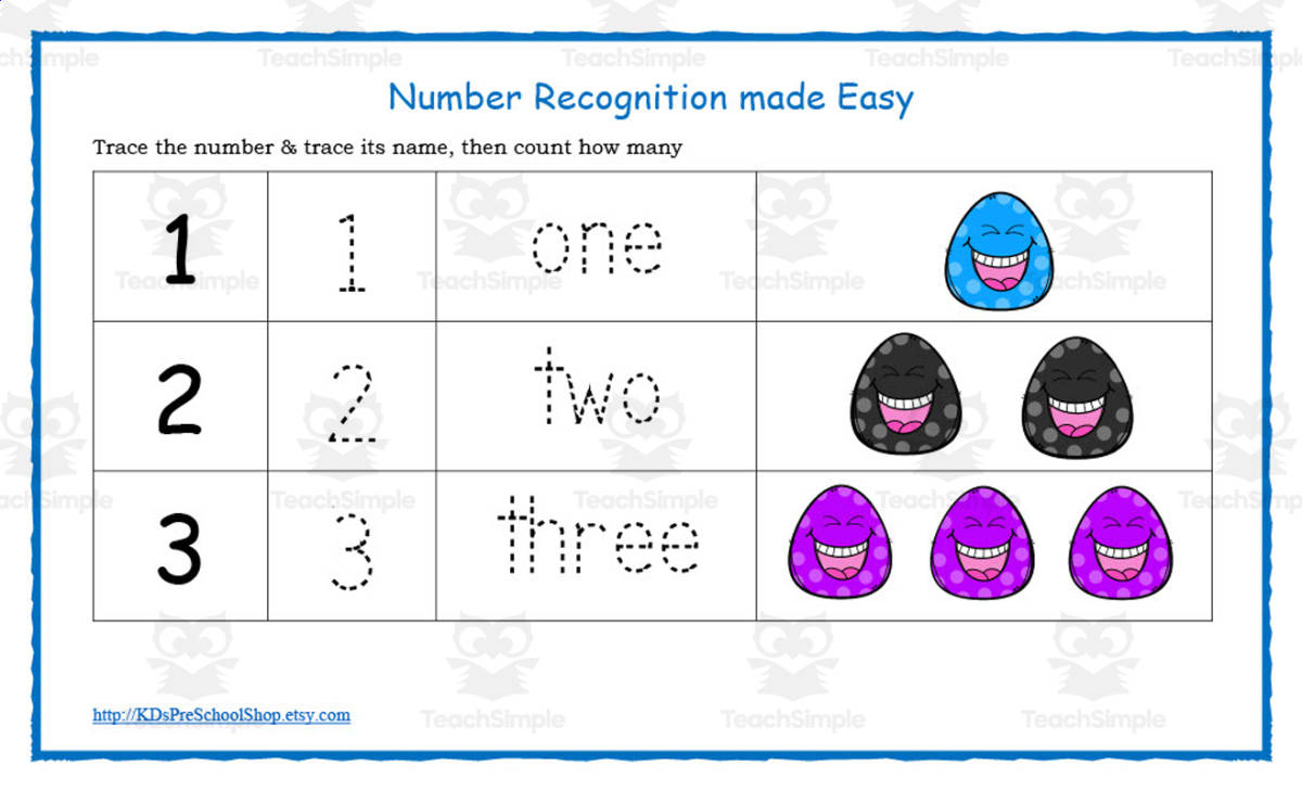 An educational teaching resource from KD's Kids School Shop entitled Numbers, Letters & Shapes Tracing Worksheets downloadable at Teach Simple.