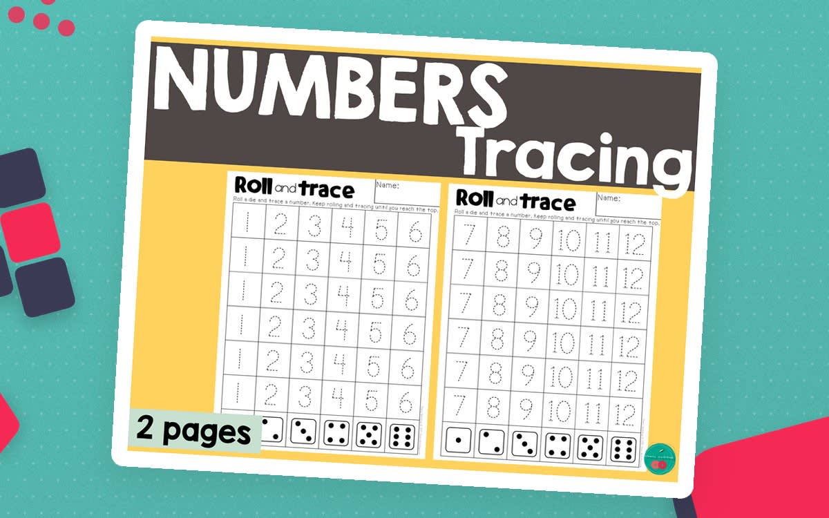An educational teaching resource from Cherry Workshop entitled Numbers Tracing 1-12 Roll and Trace downloadable at Teach Simple.