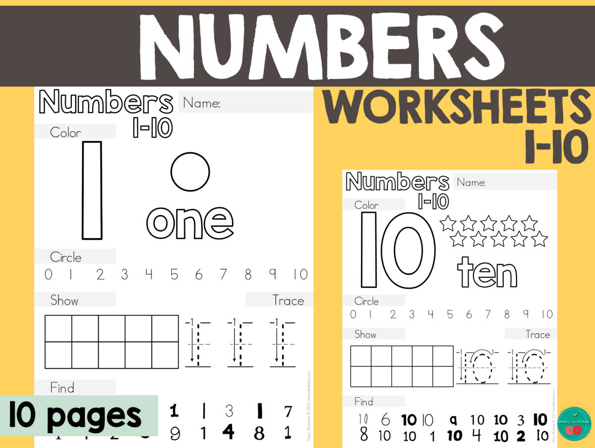 An educational teaching resource from Cherry Workshop entitled Numbers Worksheets 1-10 downloadable at Teach Simple.