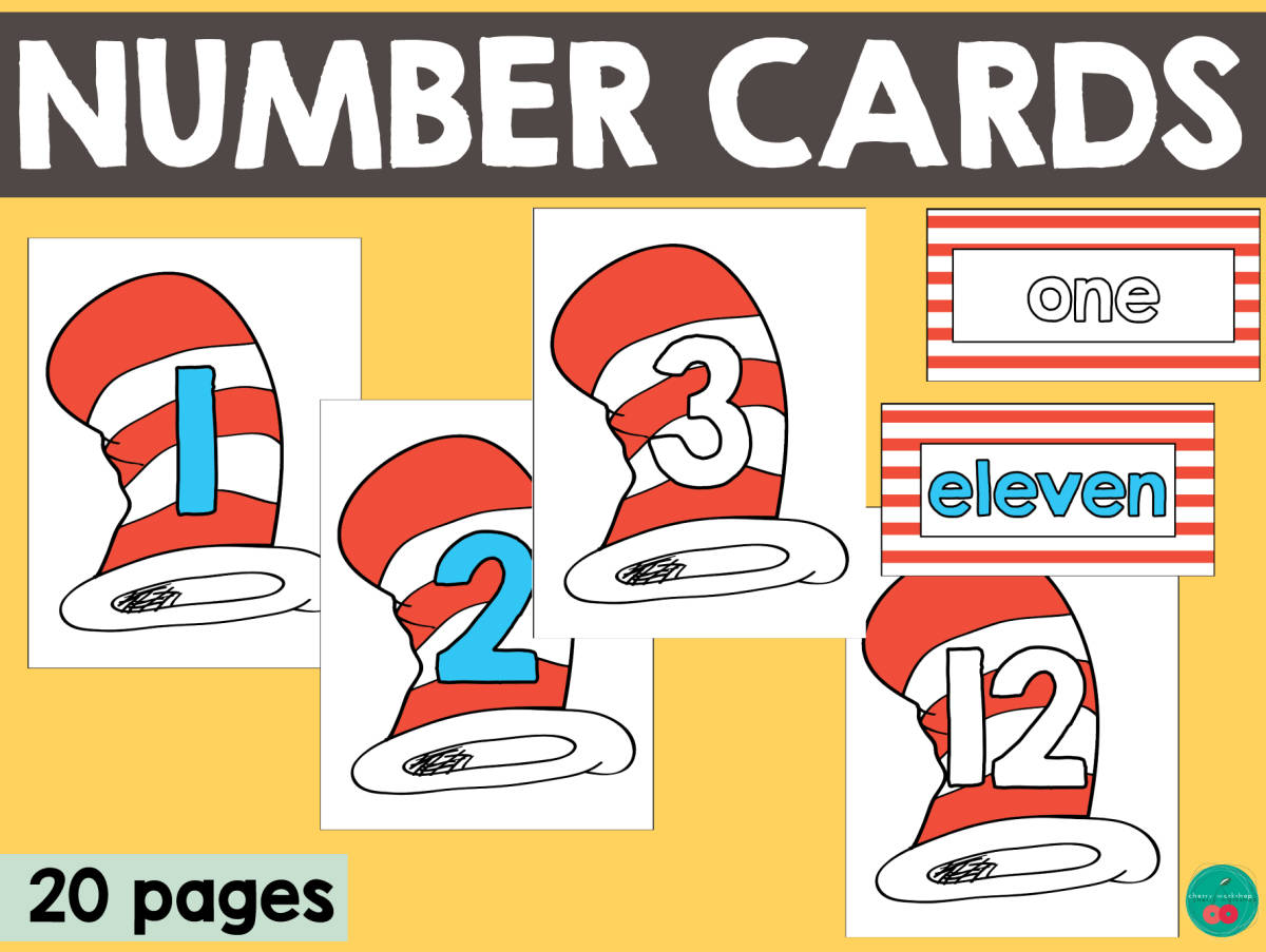 An educational teaching resource from Cherry Workshop entitled Cat in the Hat Number Cards 1–20 – Dr. Seuss Math downloadable at Teach Simple.