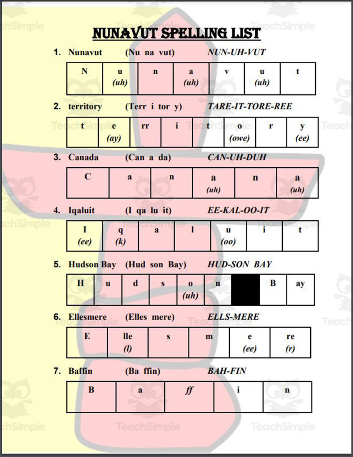 An educational teaching resource from Mr. Matthews Teacher Store entitled Nunavut (Canada) Spelling List downloadable at Teach Simple.