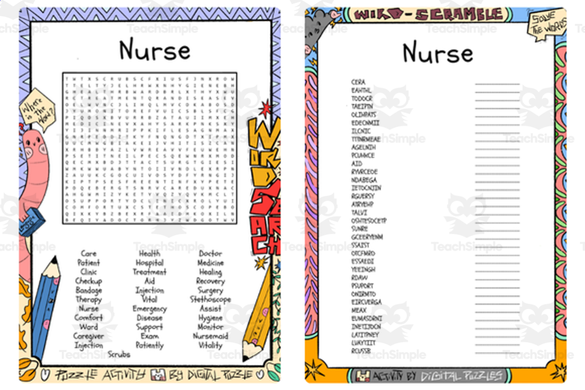 An educational teaching resource from Lapiiin Art Activities entitled Nurse word search & scramble downloadable at Teach Simple.