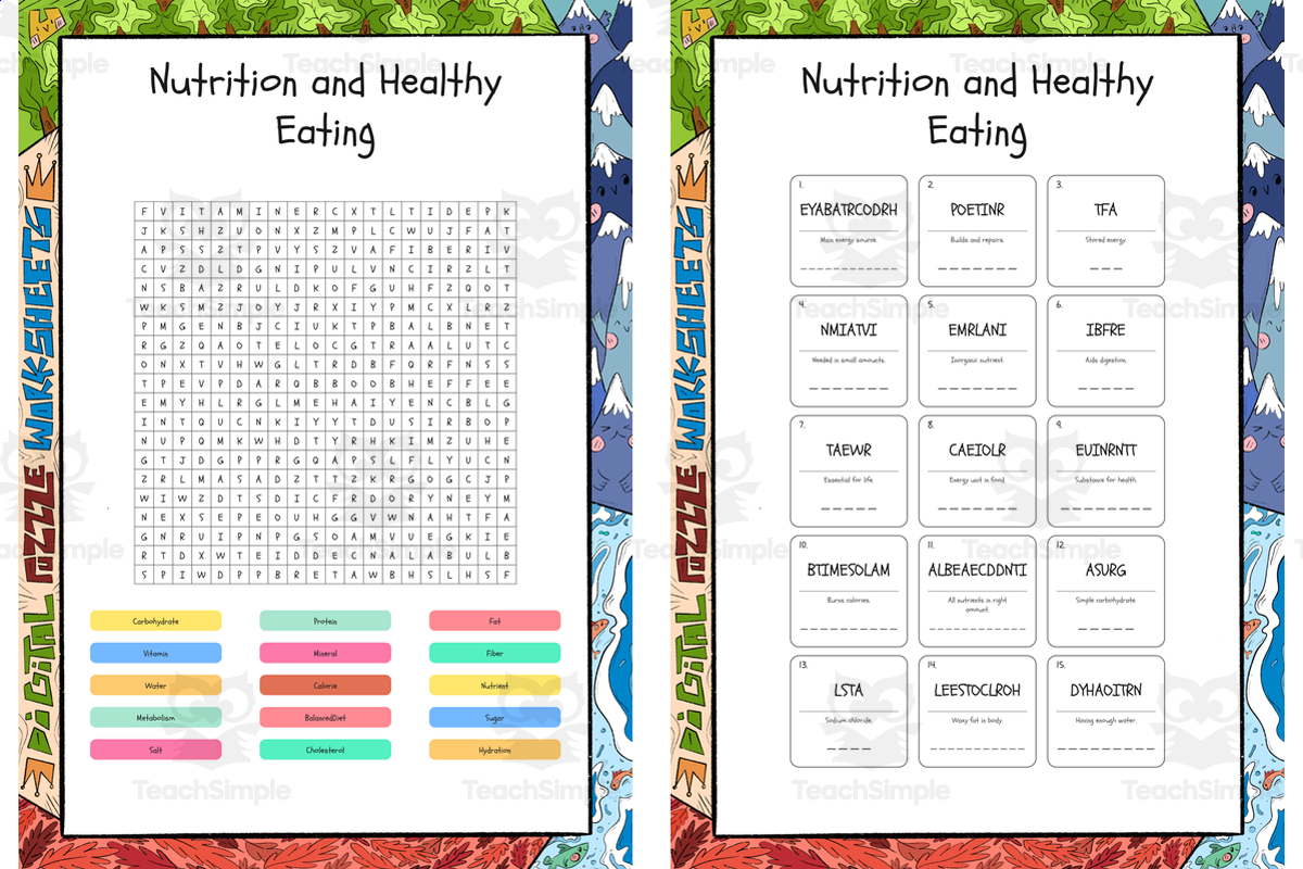 An educational teaching resource from Lapiiin Art Activities entitled Nutrition and Healthy Eating word search, scramble and crossword puzzl downloadable at Teach Simple.