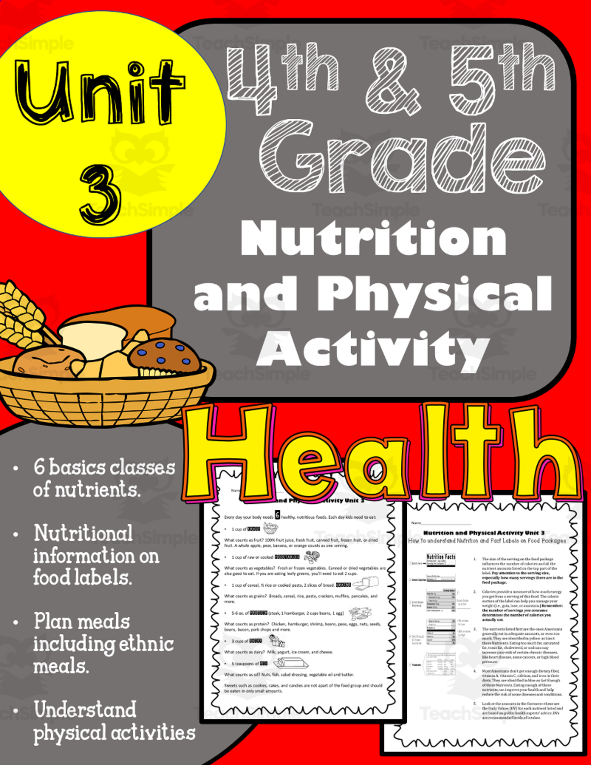 An educational teaching resource from K-5 Treasures entitled Nutrition and Physical Activity Health: 4th and 5th Grade Unit 3 downloadable at Teach Simple.