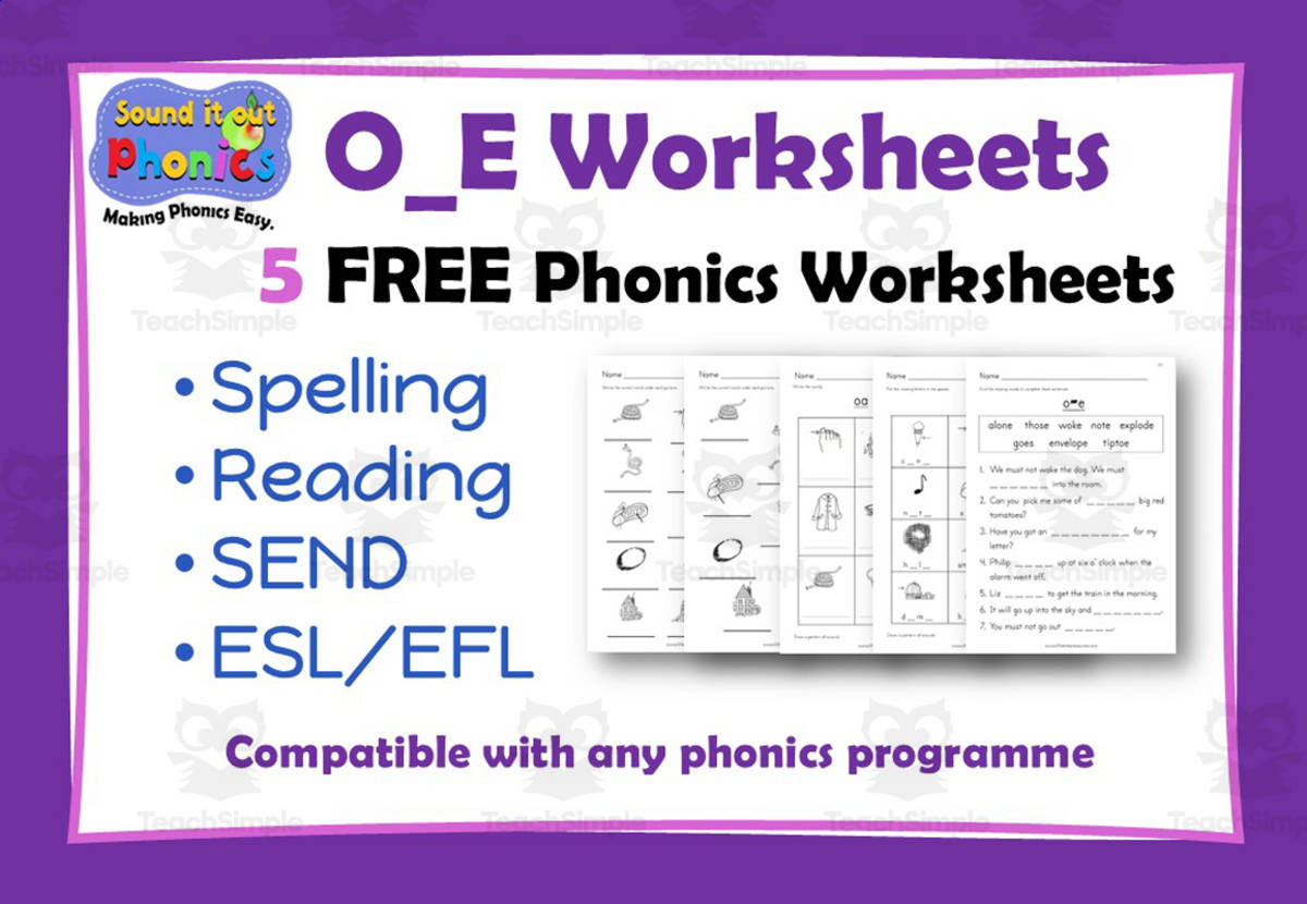 An educational teaching resource from Lilibette's Resources entitled O_E Phonics Worksheets: 5 FREE! downloadable at Teach Simple.