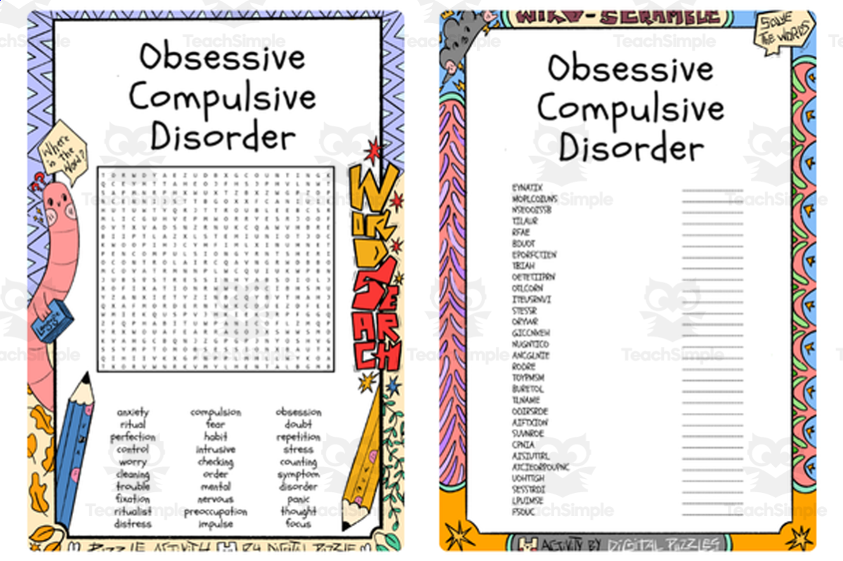An educational teaching resource from Lapiiin Art Activities entitled Obsessive Compulsive Disorder word search & scramble downloadable at Teach Simple.
