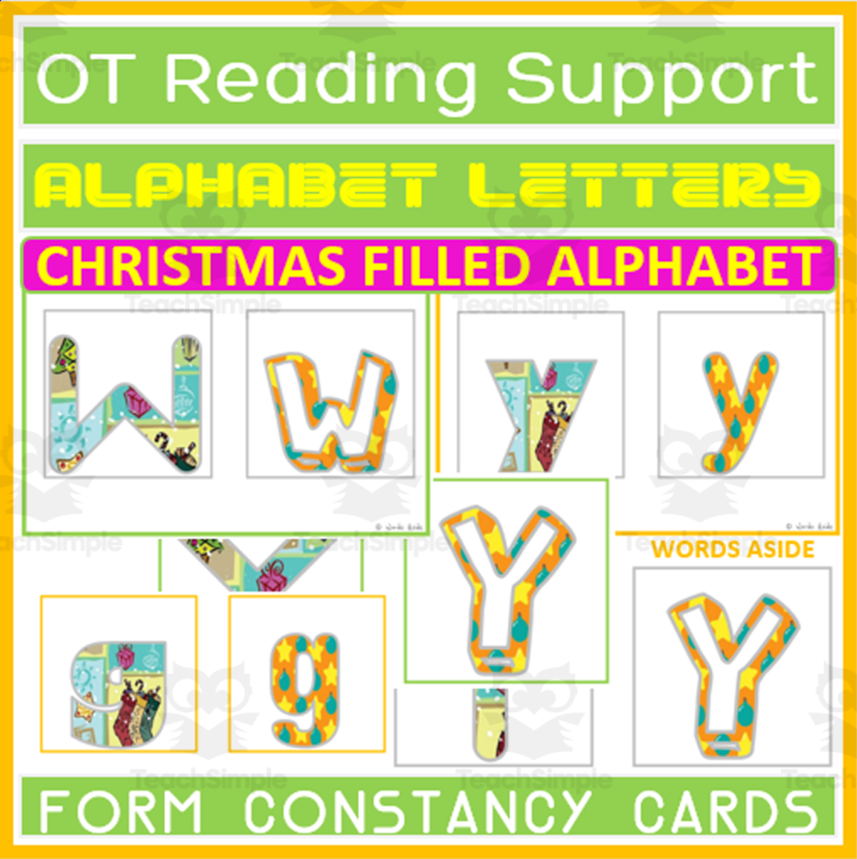 An educational teaching resource from WORDS ASIDE entitled Occupational Therapy Reading Writing Support Cards Christmas downloadable at Teach Simple.