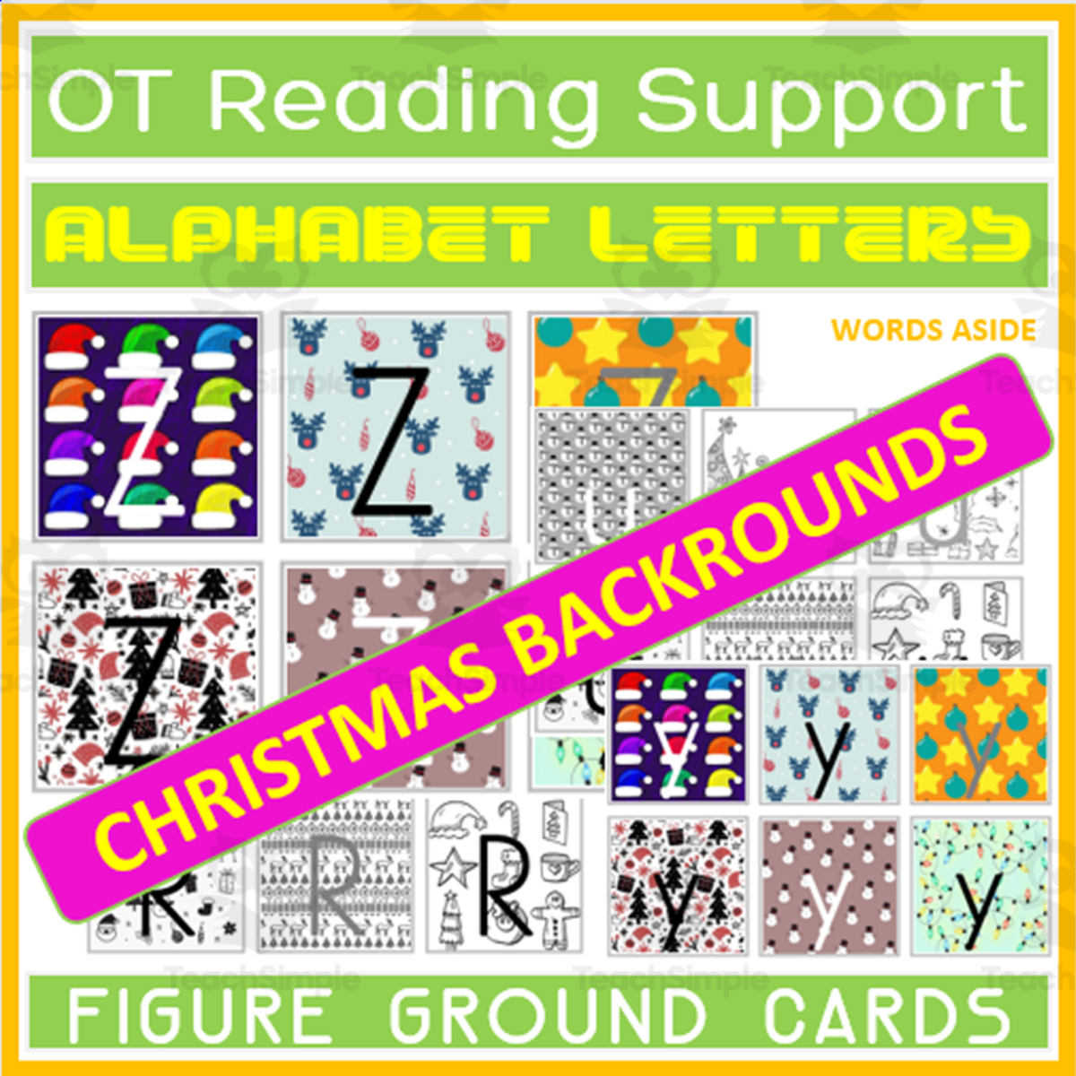 An educational teaching resource from WORDS ASIDE entitled Occupational Therapy Reading Writing Support Christmas Themed Cards downloadable at Teach Simple.