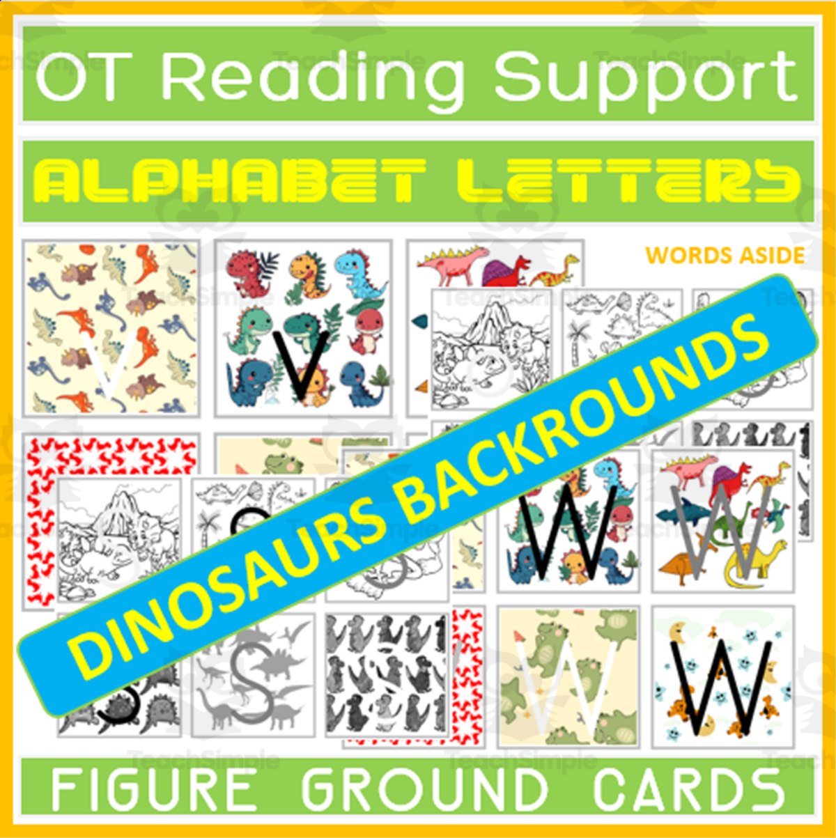 An educational teaching resource from WORDS ASIDE entitled Occupational Therapy Reading Writing Support Dinosaurs Themed Cards downloadable at Teach Simple.