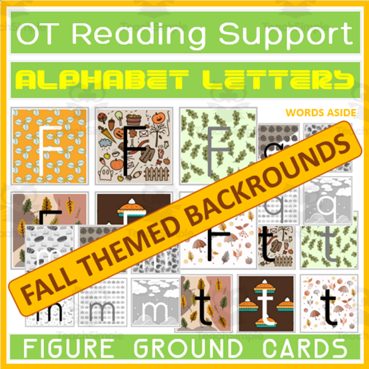 An educational teaching resource from WORDS ASIDE entitled Occupational Therapy Reading Writing Support Fall Themed Cards downloadable at Teach Simple.