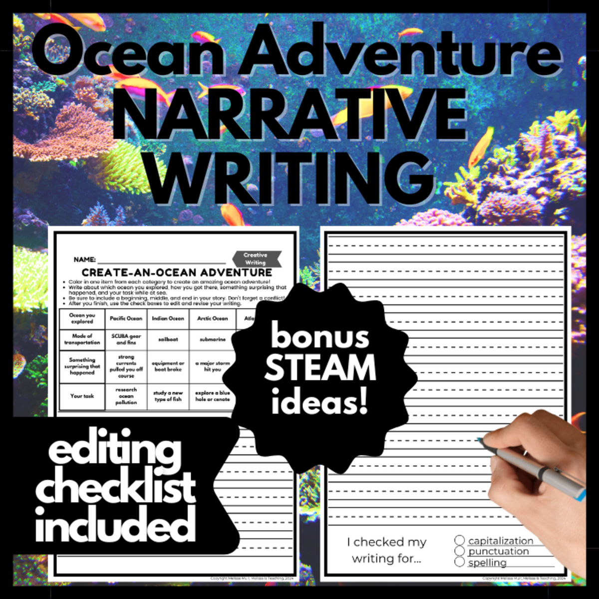 An educational teaching resource from Melissa Is Teaching entitled Ocean Adventure Writing Challenge | Geography, tasks, & resilience! downloadable at Teach Simple.