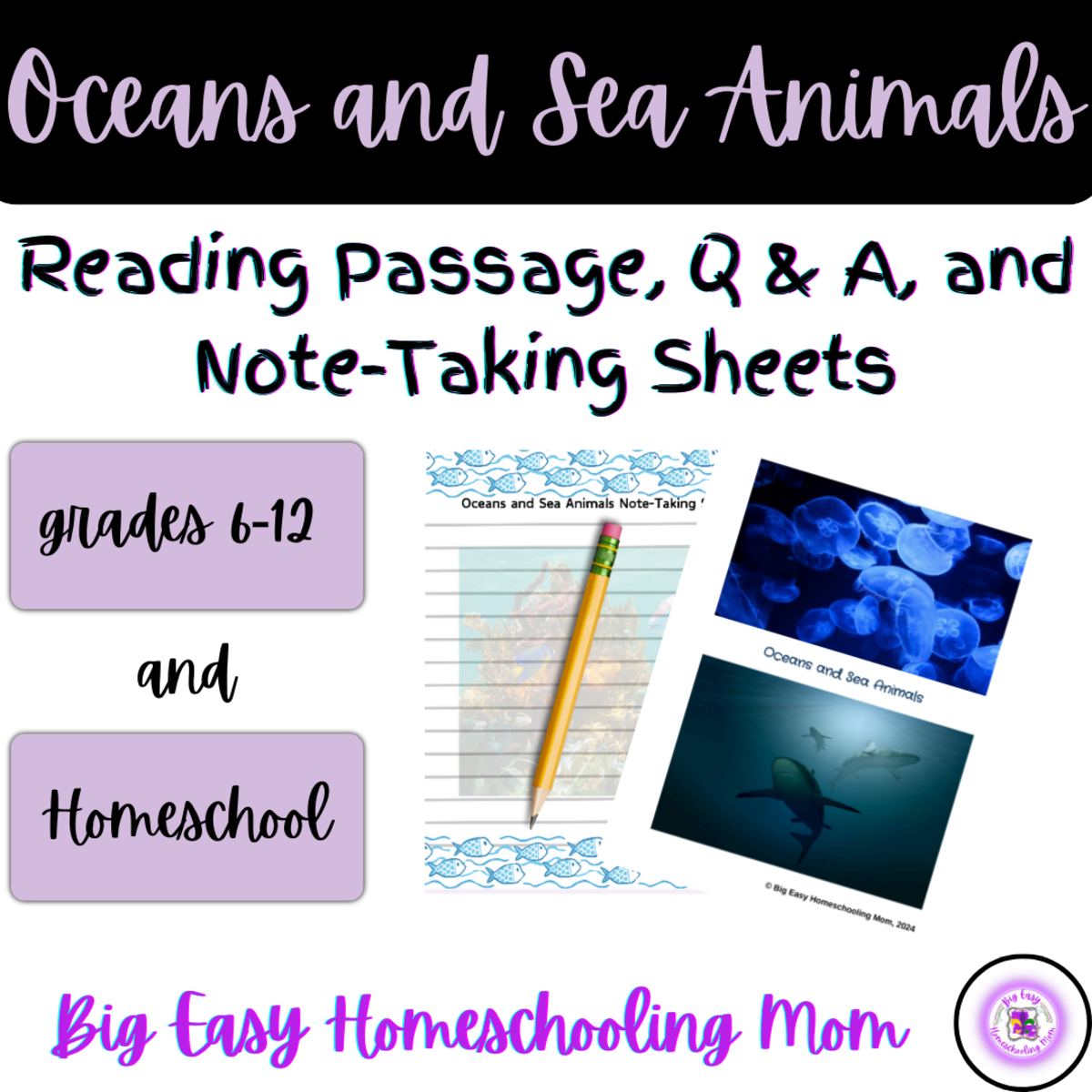 An educational teaching resource from Homeschool with Big Easy Homeschooling Mom entitled Ocean and Sea Animals Reading Passage, Q & A, and Note-Taking Sheets downloadable at Teach Simple.