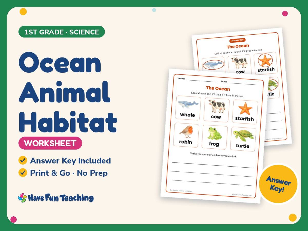 Ocean Animal Habitat Worksheet – 1st Grade Animals & Oceans Practice preview
