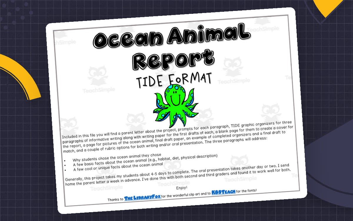 Ocean Animal research project cover with a dolphin, a ray, and a shark on a blue background.