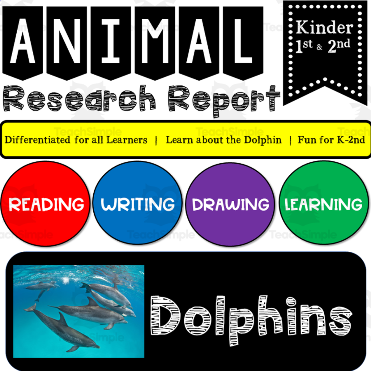 An educational teaching resource from K-5 Treasures entitled Ocean Animal Research Writing Project on DOLPHINS for K-2nd Grade downloadable at Teach Simple.