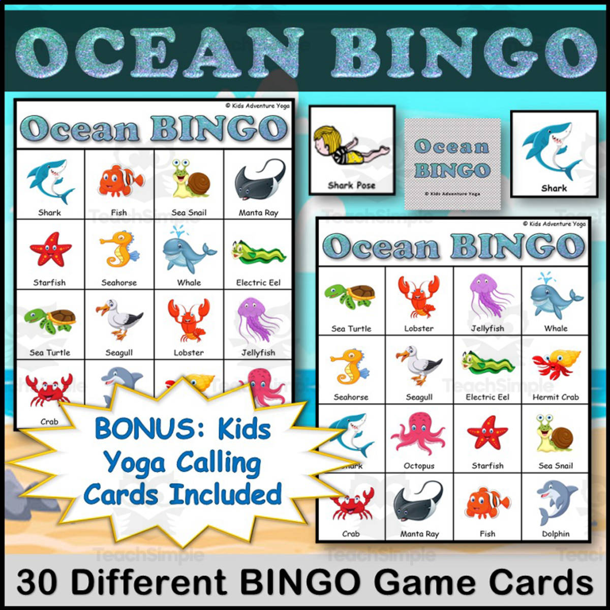 An educational teaching resource from Kids Adventure Yoga entitled Ocean Animals Bingo Game with both Picture and Kids Yoga Pose Calling Cards Included downloadable at Teach Simple.