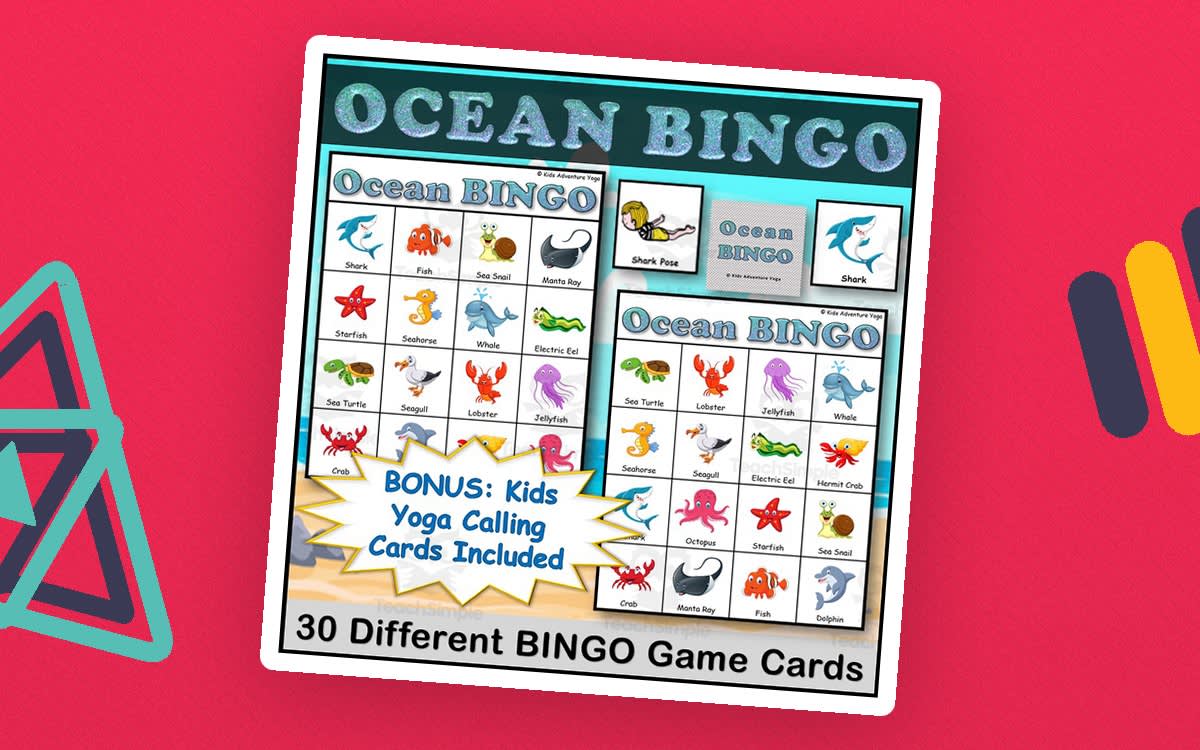 An educational teaching resource from Kids Adventure Yoga entitled Ocean Animals Bingo Game with both Picture and Kids Yoga Pose Calling Cards Included downloadable at Teach Simple.