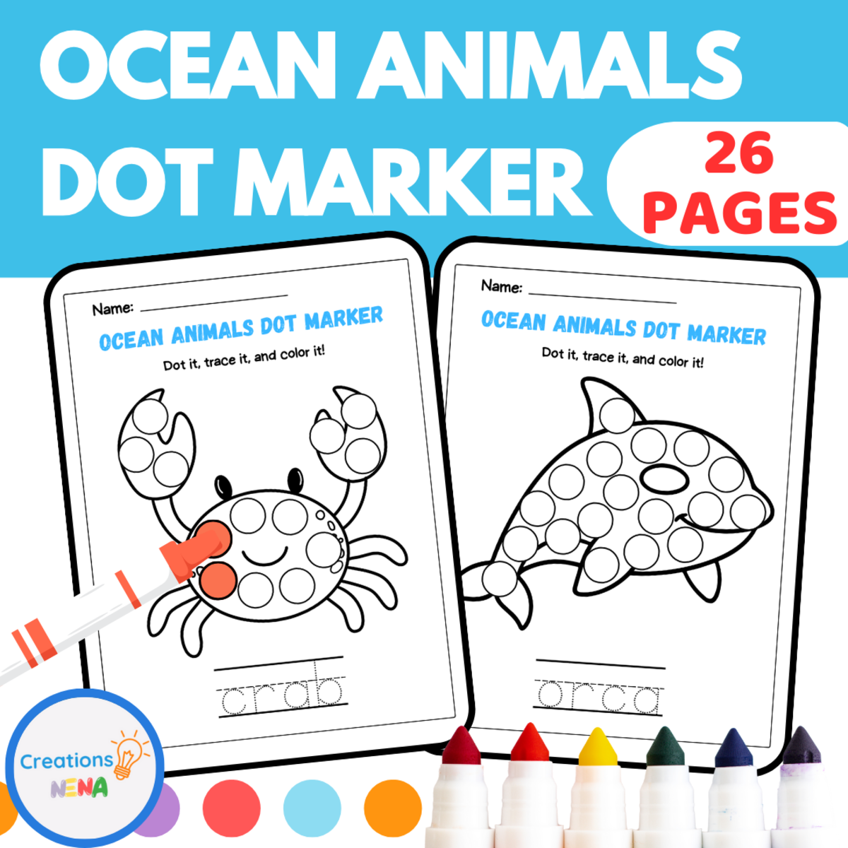 An educational teaching resource from Nena Creations entitled Ocean Animals Dot Marker Worksheets downloadable at Teach Simple.