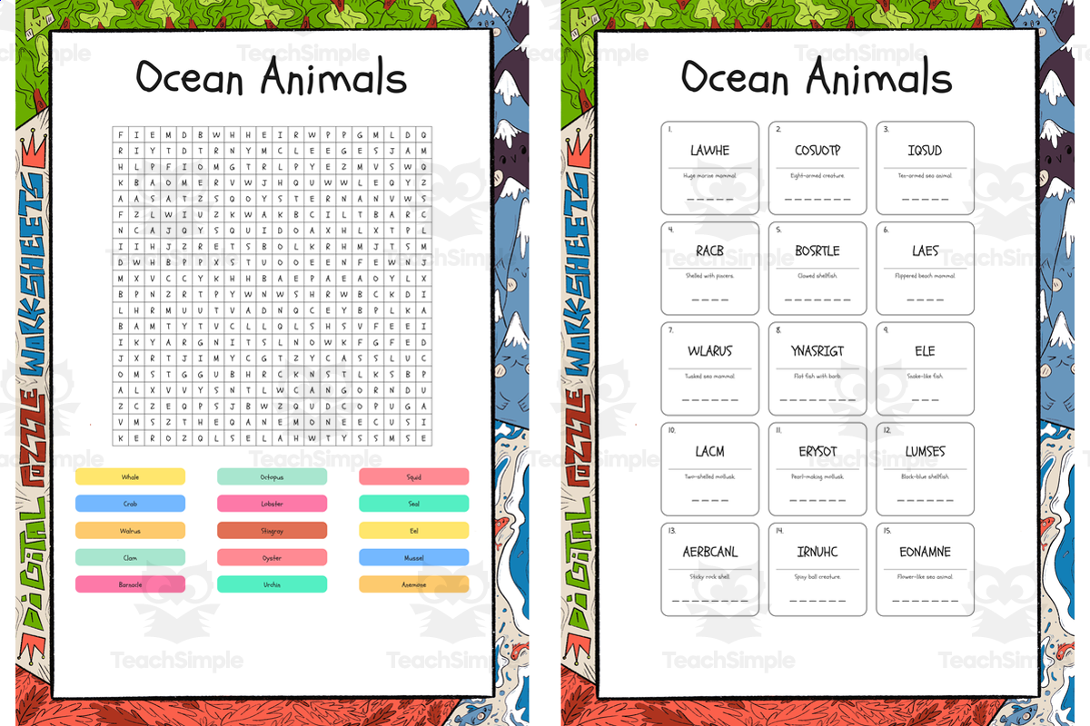 An educational teaching resource from Lapiiin Art Activities entitled Ocean Animals word search, scramble and crossword downloadable at Teach Simple.