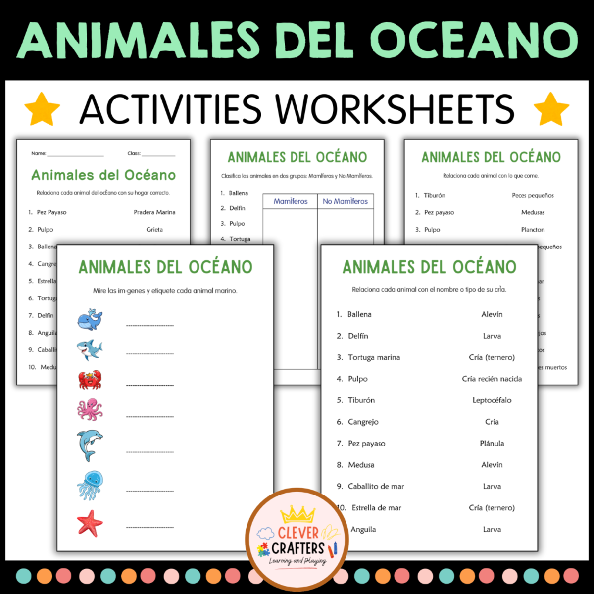 An educational teaching resource from Clever Crafters entitled Ocean Animals Worksheets in Spanish downloadable at Teach Simple.