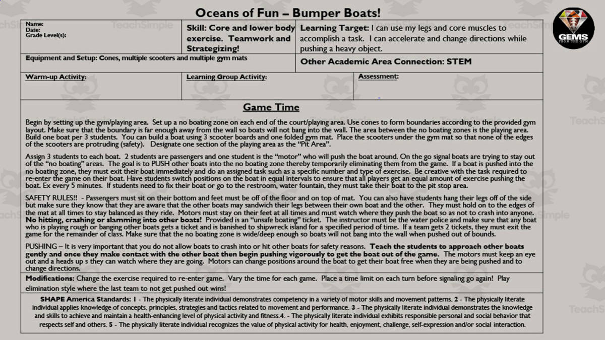 An educational teaching resource from Gems from the Gym entitled Oceans of Fun PE Game - Bumper Boats downloadable at Teach Simple.