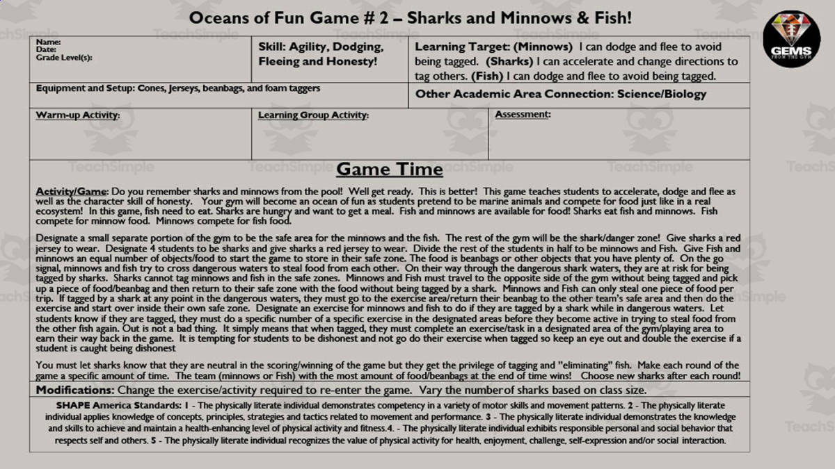 An educational teaching resource from Gems from the Gym entitled Sharks, Minnows + Fish – Oceans of Fun PE Game downloadable at Teach Simple.