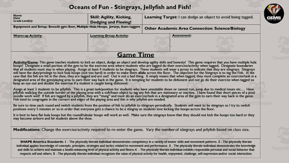 An educational teaching resource from Gems from the Gym entitled Oceans of Fun PE Game - Stingrays, Jellyfish + Fish downloadable at Teach Simple.