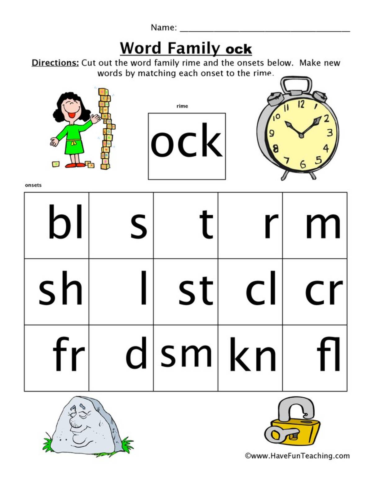 An educational teaching resource from Have Fun Teaching entitled OCK Word Family Worksheet downloadable at Teach Simple.