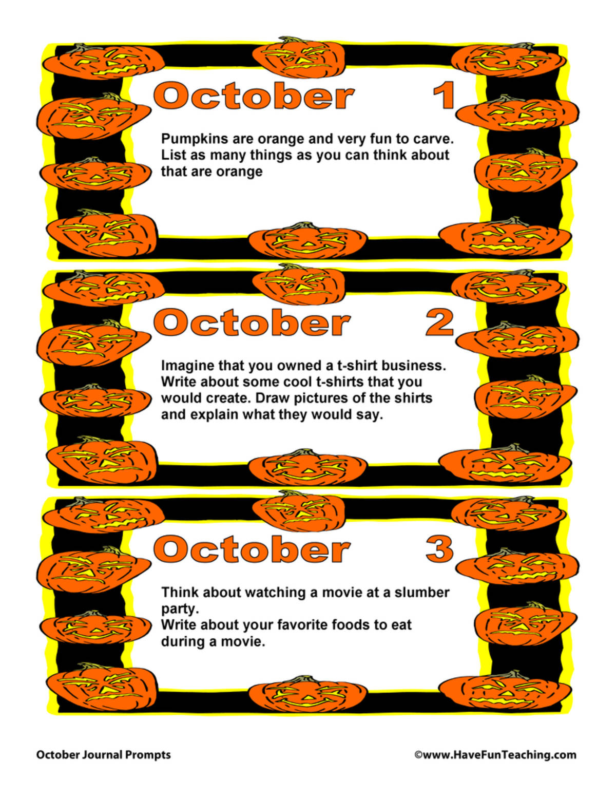 An educational teaching resource from Have Fun Teaching entitled October Daily Journal Prompts downloadable at Teach Simple.