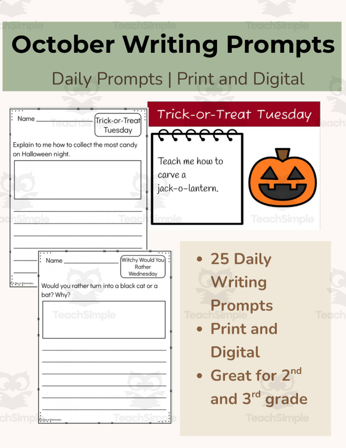 An educational teaching resource from A Day In Elementary entitled October Daily Writing Prompts | 2nd & 3rd Grade | Print +Digital downloadable at Teach Simple.