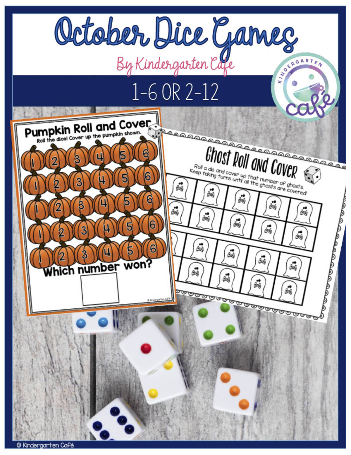 An educational teaching resource from Kindergarten Cafe entitled October Dice Games Bundle | Roll and Cover/Color/Write downloadable at Teach Simple.
