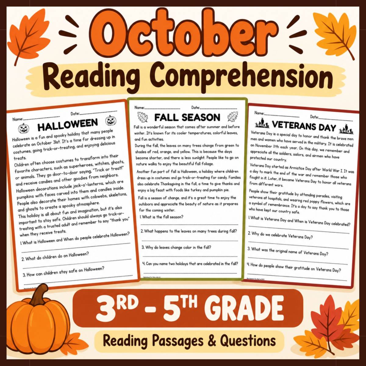 October Reading Comprehension Activities – Grades 3–5 preview