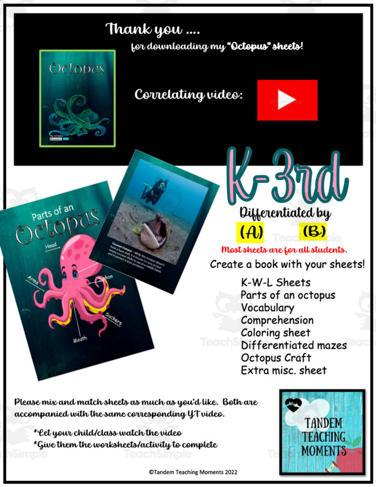 An educational teaching resource from Tandem Teaching Moments entitled "Octopus" Worksheet Packet downloadable at Teach Simple.