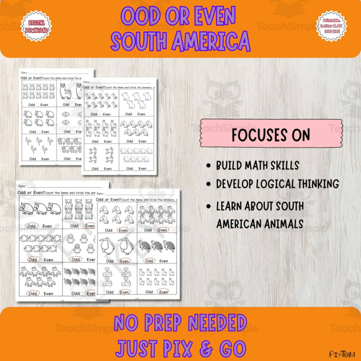 An educational teaching resource from Piix.Team entitled Odd and Even Numbers - South American Animals Edition downloadable at Teach Simple.