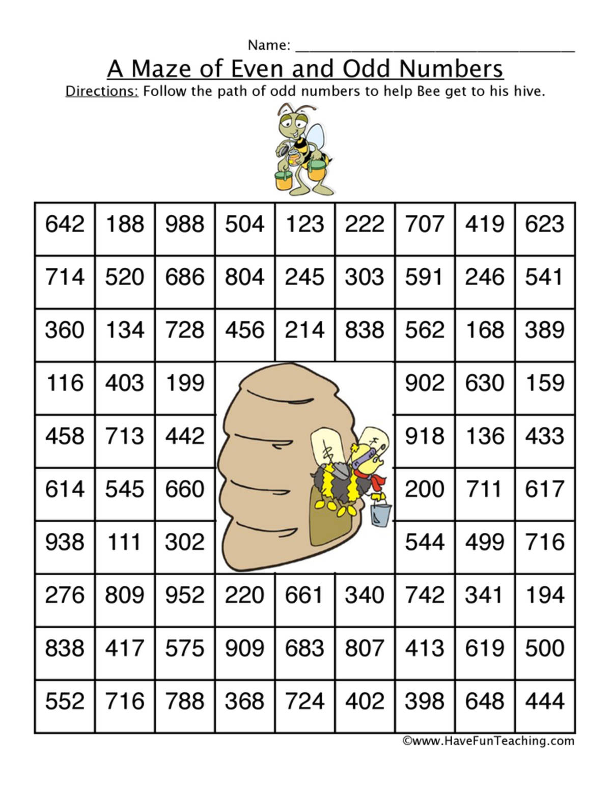 An educational teaching resource from Have Fun Teaching entitled Odd Number Bee Maze Worksheet downloadable at Teach Simple.